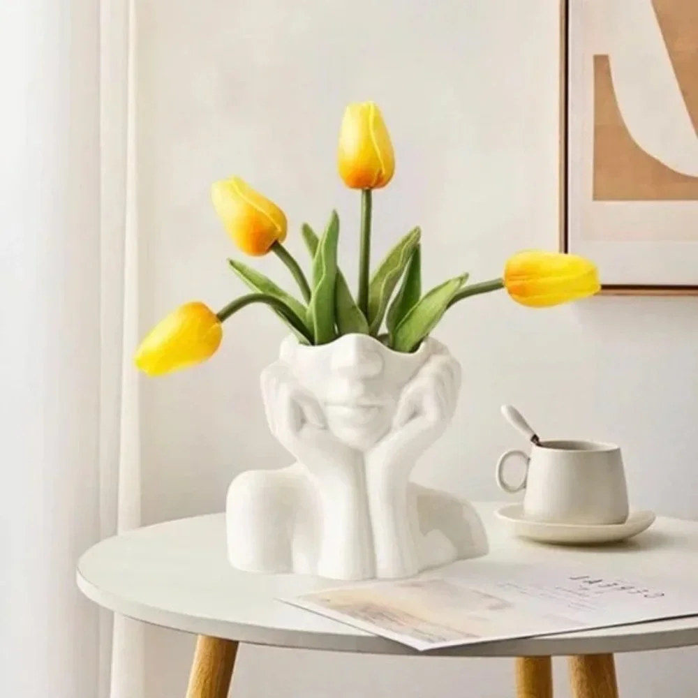 New Anthropologie Boho White Ceramic Female Face Abstract Flower Vase - SMALL